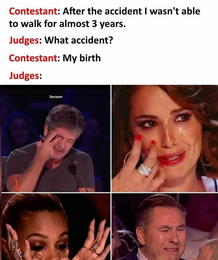 Funny meme about a contestant's "accident" and judges' reactions, shared on 'Sarcasm Only' Instagram.