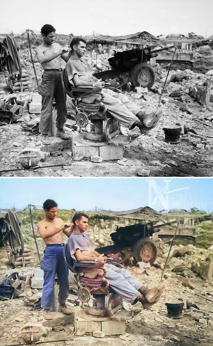 Vintage Photography Print. Army Soldier Cutting Hair