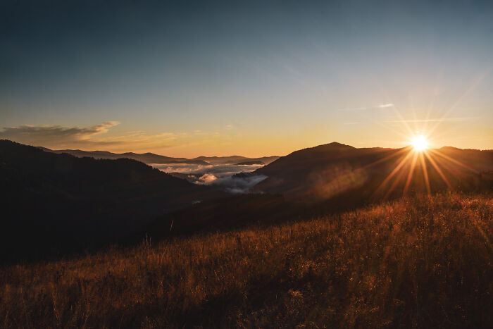 Sunrise over the Ukrainian Carpathians with golden light shining on grassy hills and mist in the mountain valleys.
