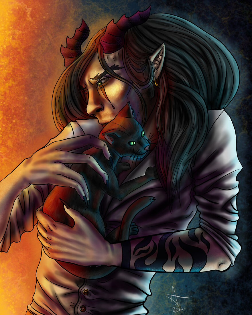 A Demon Man With His Cat