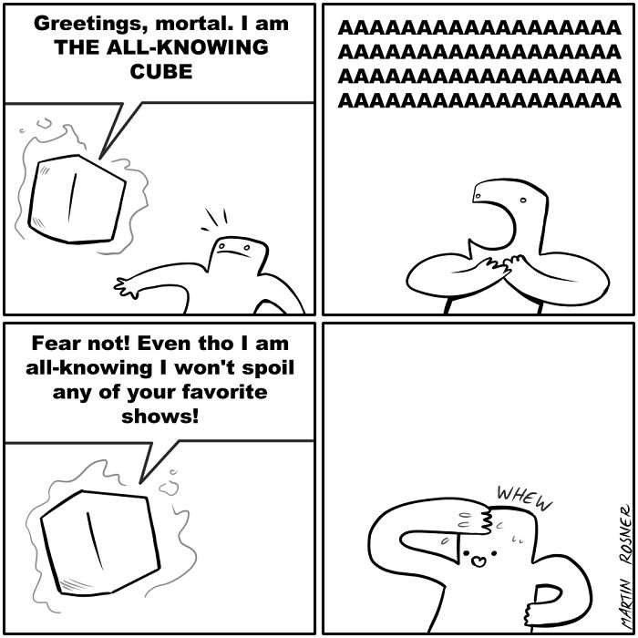 Black and white funny comic with unexpected endings showing an all-knowing cube and a surprised character.