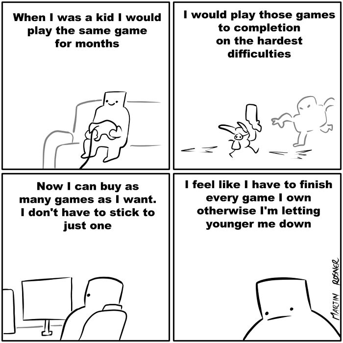 Comic strip depicting gaming nostalgia and pressure to finish every game, illustrating funny comics with unexpected endings by this artist.