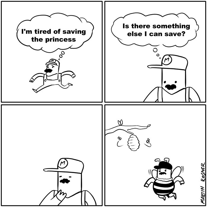 Comic strip showing a character tired of saving the princess, imagining becoming a bee in a funny unexpected ending.