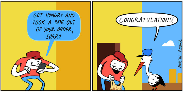 Funny comic with unexpected endings showing a character apologizing for eating part of an order while on their phone.