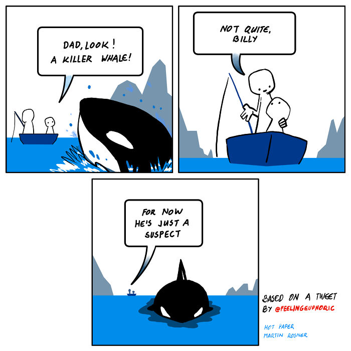 Comic strip showing a funny unexpected ending with a killer whale depicted as a suspect in the water near a fishing boat.