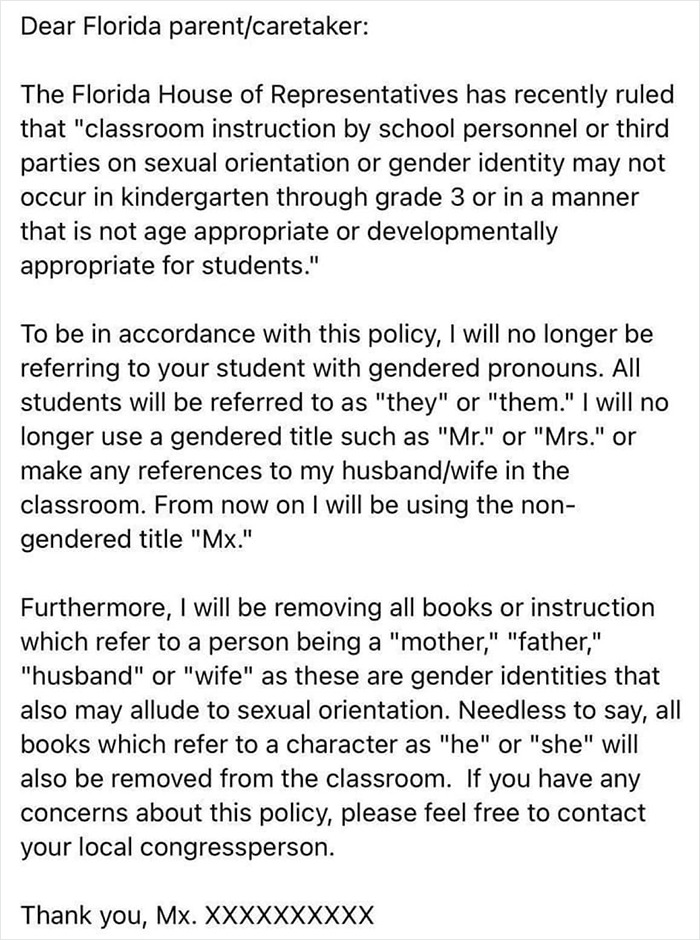 Florida&rsquo;s &ldquo;Don&rsquo;t Say Gay&rdquo; Law Deems Teaching Gender Identity To Kids Below Grade 3 Inappropriate, Gets A Satirical Letter Response