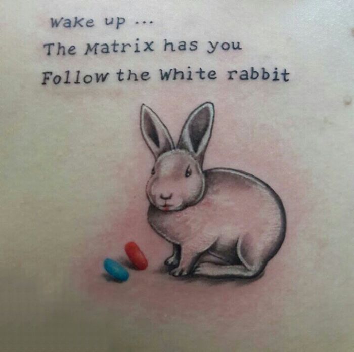 Tattoo of a white rabbit with red and blue pills, featuring text related to the Matrix theme.