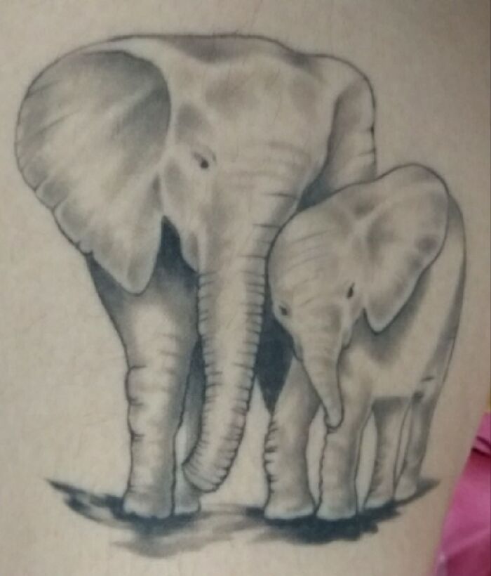 Elephant tattoo design featuring an adult and baby elephant in black and gray shading.