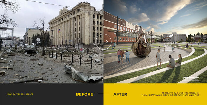 Plaza de la Libertad de Kharkiv. Oleksii Poberezhnyk, Yuliia Khrebtovych, Alexandr Badovsky, Adrian Lintur