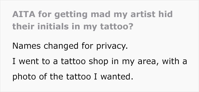 Text on image discussing a situation where a tattoo artist hid their initials in a customer's tattoo.