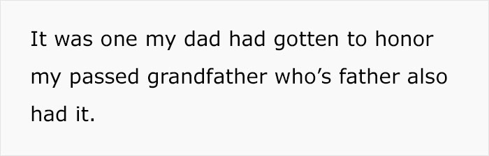 Text discussing a tattoo honoring family, mentioning a grandfather and father.