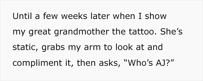 Text conversation about a tattoo in honor of family, with hidden initials "AJ.