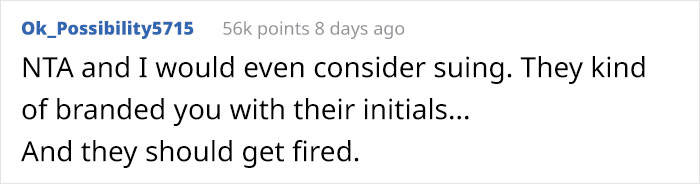 Comment about a family tattoo with artist's hidden initials, discussing potential legal action.