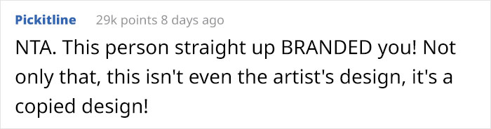 Comment criticizing a tattoo artist for using a copied design and hiding their initials in it.