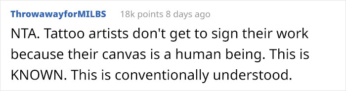 Text screenshot discussing tattoo artists not signing their work on human canvases.
