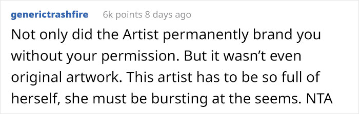 Comment criticizing tattoo artist for hiding initials in unoriginal artwork.