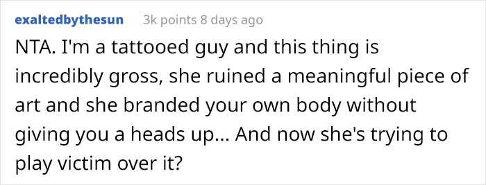 Reddit comment criticizing a tattoo artist for adding initials without consent.