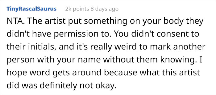 Text screenshot discussing a tattoo artist hiding their initials in a family honor tattoo without consent.