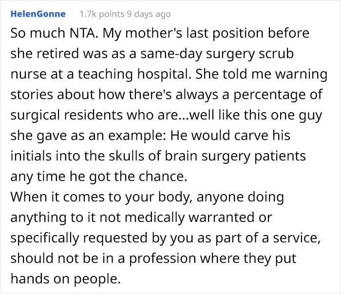 Text screenshot discussing unethical behavior of a surgical resident involving initials.