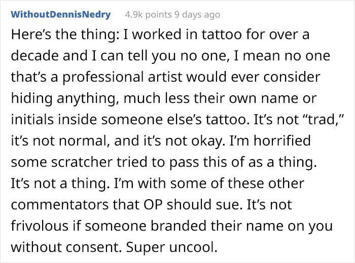 Reddit comment about tattoo artist hiding initials, sharing professional disapproval and ethical concerns.