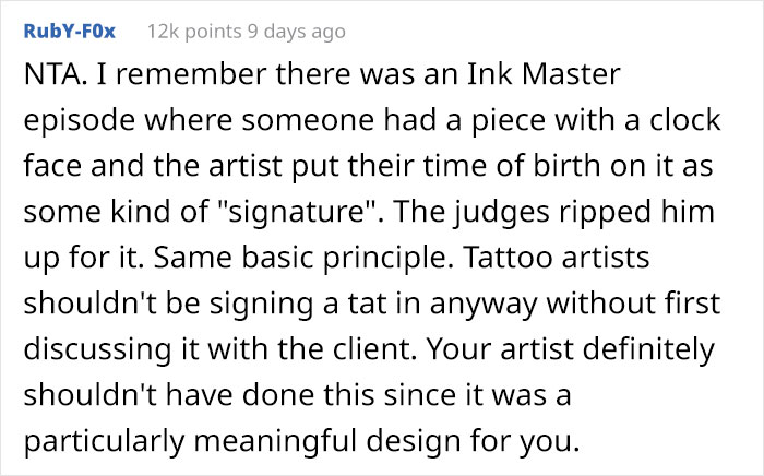Comment discussing a tattoo artist hiding initials in a meaningful family tattoo design.
