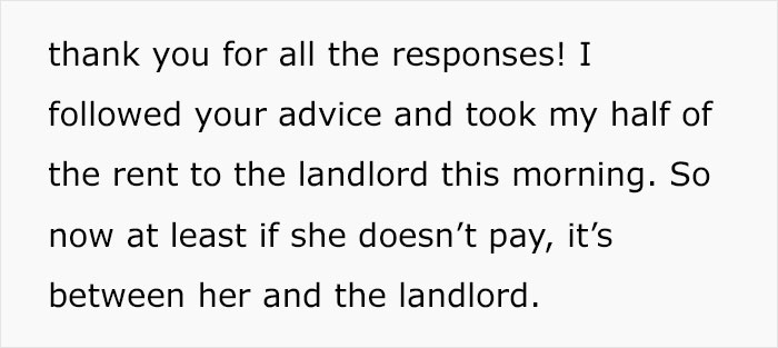 “My Roommate’s Mom Passed Away Unexpectedly”: Woman Baffled After Her 27 Y.O. Friend Kept Insisting That She Should Pay Her Part Of Rent “My Roommate’s Mom Passed Away Unexpectedly”: Woman Baffled After Her 27 Y.O. Friend Kept Insisting That She Should Pay Her Part Of Rent