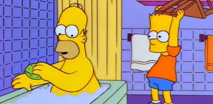 Homer Simpson taking a bath with Bart holding a wooden chair above his head in a bathroom scene from The Simpsons.
