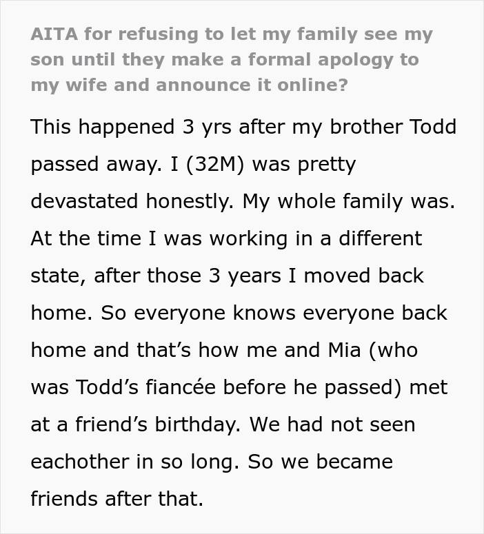 &ldquo;AITA For Refusing To Let My Family See My Son Until They Make A Formal Apology To My Wife And Announce It Online?&rdquo;