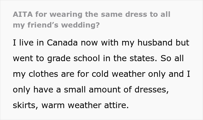 Woman Keeps On Wearing The Same Dress To Weddings, Wonders What To Do After Her Friend Tells Her To Wear Something Else