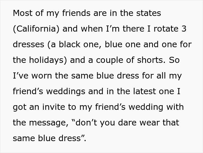 Woman Keeps On Wearing The Same Dress To Weddings, Wonders What To Do After Her Friend Tells Her To Wear Something Else