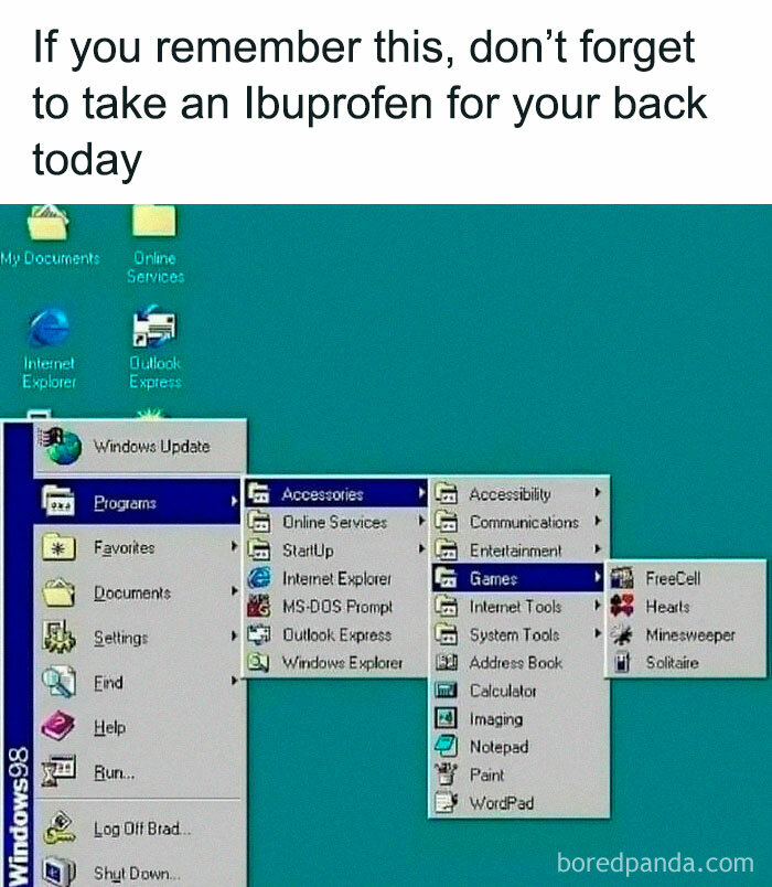 Millennials relate to a vintage Windows 98 start menu meme, highlighting nostalgia and humor.
