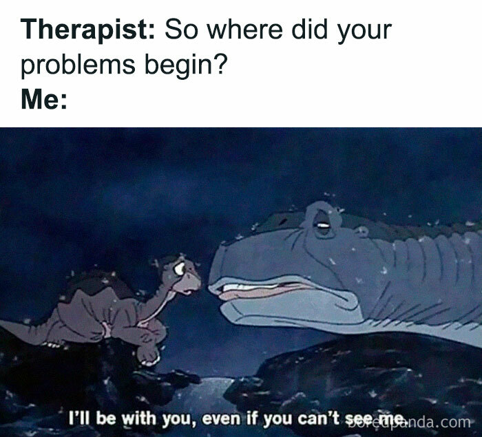 Millennial meme shows a dinosaur therapy session with a humorous twist on emotional issues.