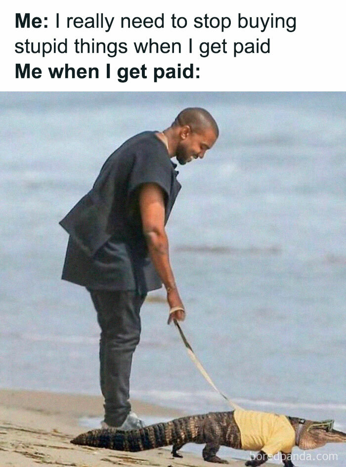 Millennial meme with a man walking an alligator on a beach as a humorous spending analogy.