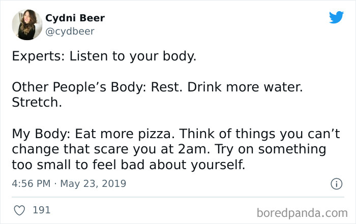 Millennials meme highlighting self-care humor with a tweet about listening to your body, pizza, and late-night thoughts.