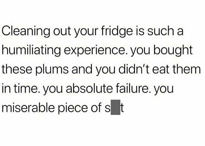 Millennial meme text about the struggle of cleaning the fridge and wasted plums, humorously critiquing oneself.