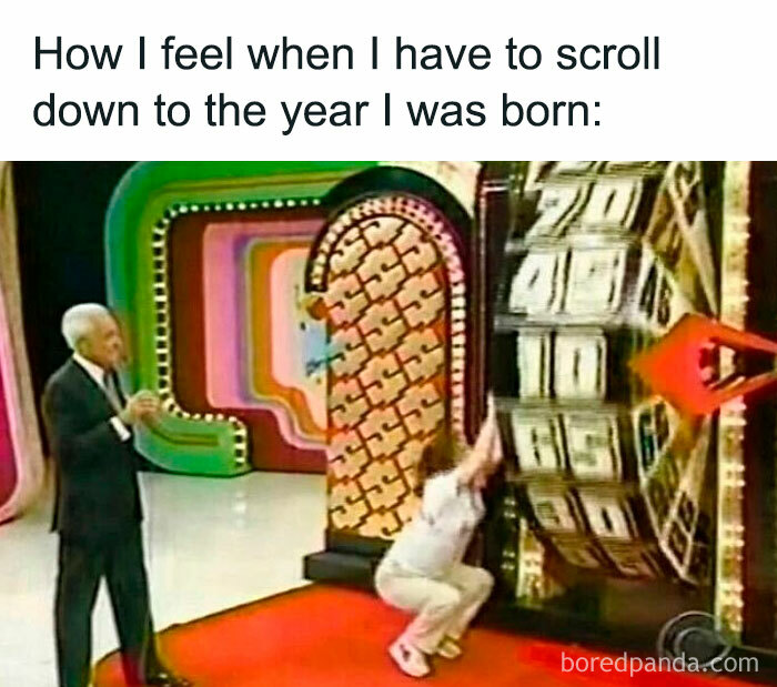 Millennials meme of a game show contestant spinning a large wheel, symbolizing scrolling to birth year.