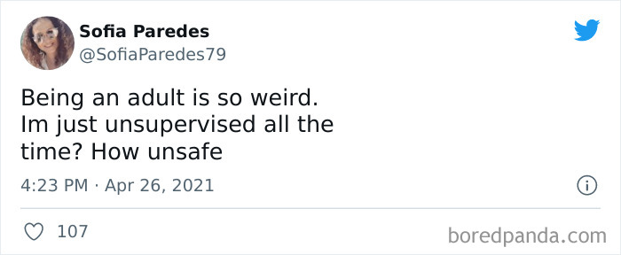 Tweet meme humorously explaining millennials feeling unsupervised as adults.