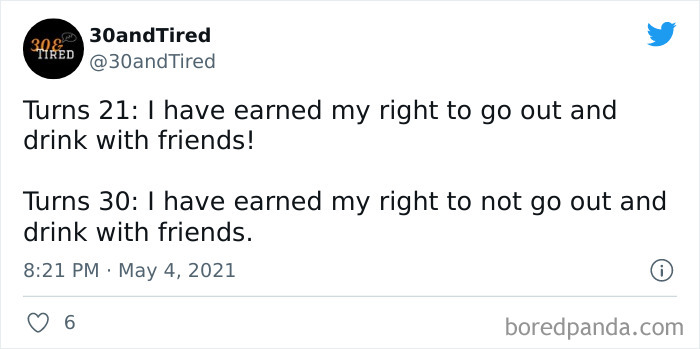 Millennial meme about turning 30 and choosing not to go out with friends, from Instagram account 30andTired.