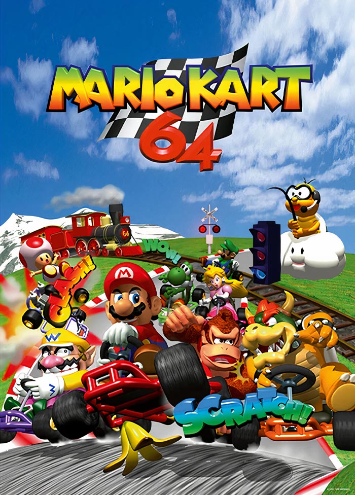 Mario Kart 64 characters racing on a vibrant track featuring iconic elements from video games that changed gaming history.