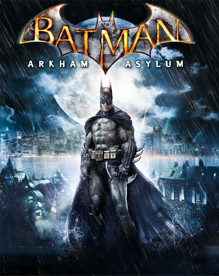 Batman Arkham Asylum game cover showing Batman in rain with cityscape backdrop, a key video game that changed the history of gaming