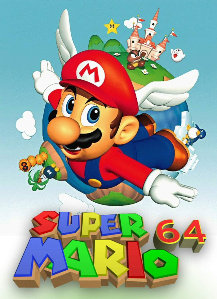 Super Mario 64 character flying with wing cap in a 3D world, iconic game from video games that changed gaming history.