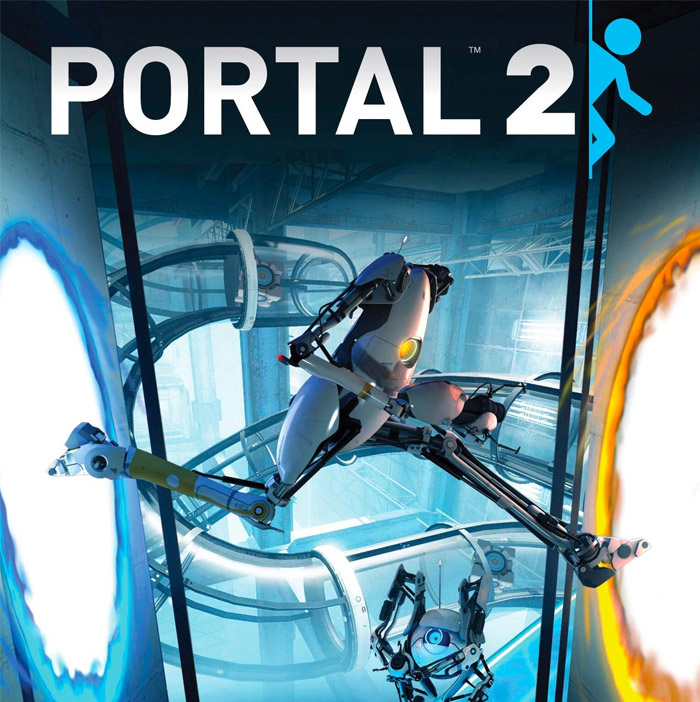 Portal 2 gameplay scene showing robot character jumping through blue and orange portals in a futuristic gaming environment.