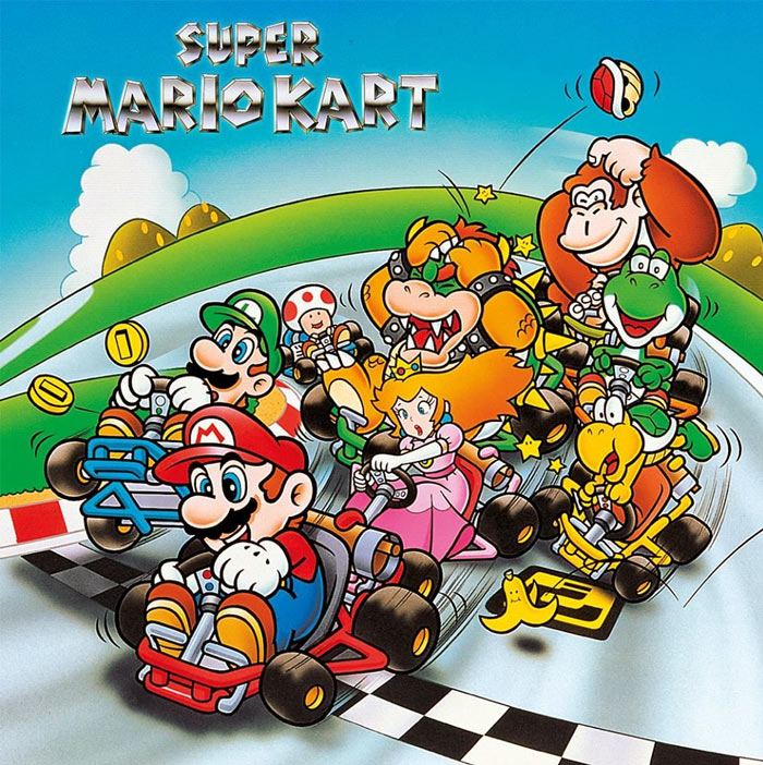 Super Mario Kart characters racing karts on a colorful track, iconic video games that changed the history of gaming.