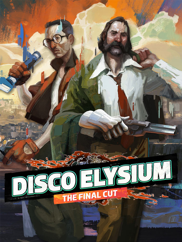 Disco Elysium artwork showing two characters in a stylized cityscape for video games that changed gaming history.