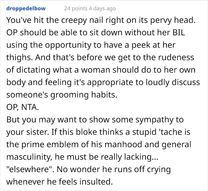 Woman Makes A Comment About Brother-In-Law's Mustache After He Did The Same About Her Leg Hair, He Has A Breakdown