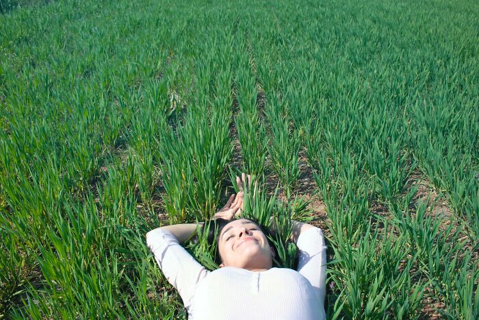 Person lying peacefully in a green field, symbolizing calmness related to people who came back to life experiences.