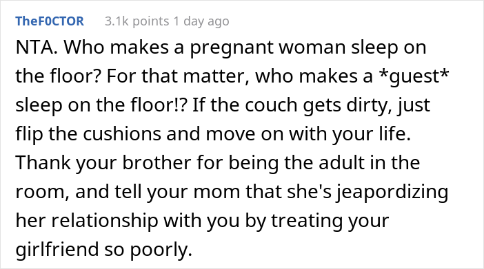 Guy Is Furious After His Mother Makes His Pregnant Girlfriend Sleep On The Floor And Keeps Checking On Her So She Doesn't Dare To Sleep On The Couch