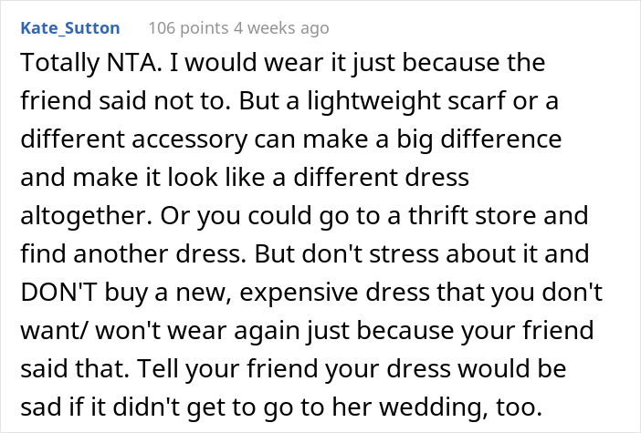 Woman Keeps On Wearing The Same Dress To Weddings, Wonders What To Do After Her Friend Tells Her To Wear Something Else