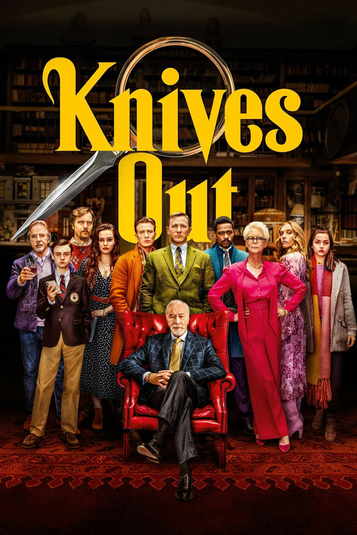 Promotional poster of dark comedy movie Knives Out featuring cast in vintage attire in a library setting.