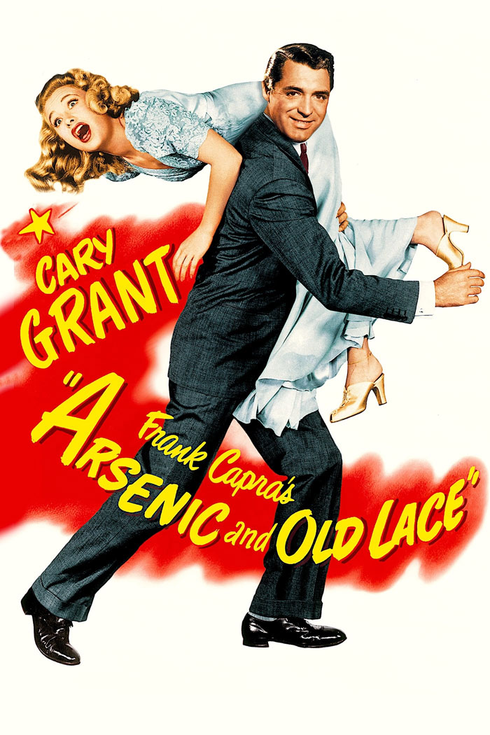Classic dark comedy movie poster featuring a man carrying a woman, highlighting dark comedy movies with a twisted laugh.